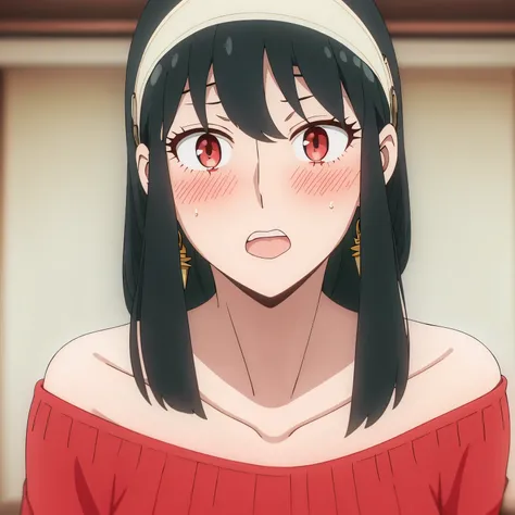 yor briar, 1girl, blush, black hair, hairband, jewelry, open mouth, solo, wide-eyed, sidelocks, red sweater, Joel, 1girl, long hair, bangs, gold earrings, red eyes, upper body, sweater, surprised, bangs, collarbone, off shoulder, white hairband, bare shoul...