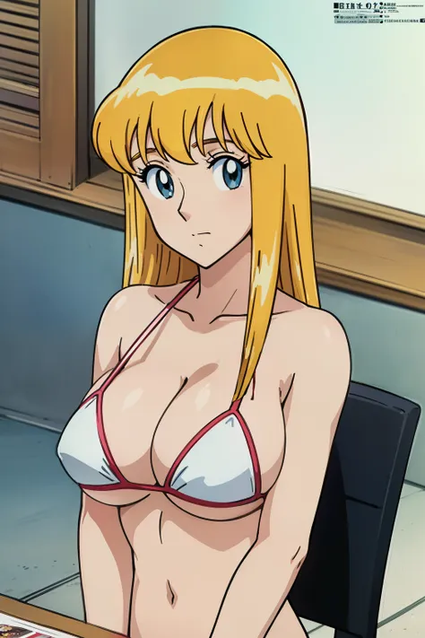 (anime cels style, Masterpiece, best quality, high resolution, anime colored, megami magazine:1.2, anime poster style, anime keyvisual, sharp, 8k, photorealistic), (beautiful eyes:1.5), reiko_aiwaifu, 1woman, milf, blond hair, long hair, (sagging huge brea...