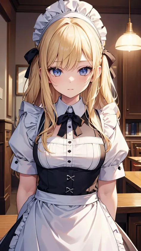 Best lighting, Absurd, masterpiece, highest quality, Ultra-detailed illustrations, (One girl:1.3), Absurd high detailed face, Mid-chest, Long blonde hair, Maid clothes, apron, maid apron, Maid&#39;s Headdress, Short dress, Detailed blue eyes, Twin tails, i...