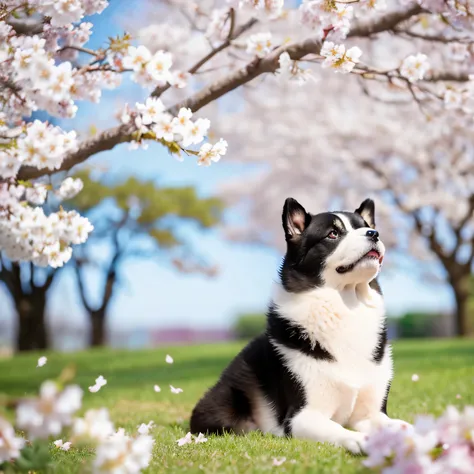 Akita dog，akita inu，Akita dog，Spring background，Cherry blossoms falling，White Dog