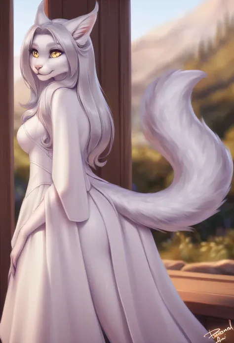 By personalami. Crossbreed Priscilla. (1girl, solo). 30 years old. Fluffy white fur covered all body. Puffy white tail. dragon horn. White long hair. Yellow dragon eyes. cat pupils. Full body in view.