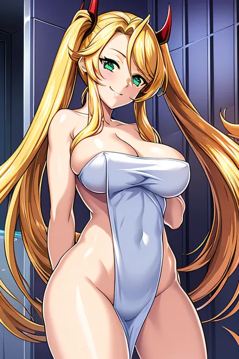 ,,hornet II, hornet(azurlane), one woman, beauty, big breasts, large ass, green eyes, makeup, long hair, hair longer than body, fluffy hair, long twin tails, hair longer than body, extremely long hair, blonde hair, busty, adult woman, naked towel, looking ...