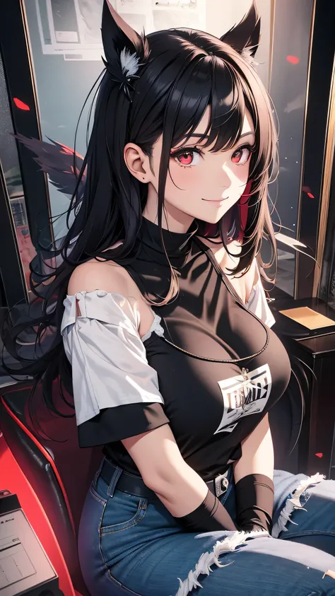 最high quality、Best image quality、masterpiece、girl((18-year-old、 By becoming、Best Bust、Medium Bust,Wide open breast tea、Red glowing eyes,Black Hair、Red Mesh、Disheveled Hair、Lointail、thin,The highest valley、Open chest、Luminous Wristbands、hair ornaments、Show ...