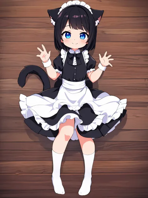 black hair，Cat girl，maid outfit，Smile，White Silk,No shoes，Height 161，Medium in size，Blue Eyes