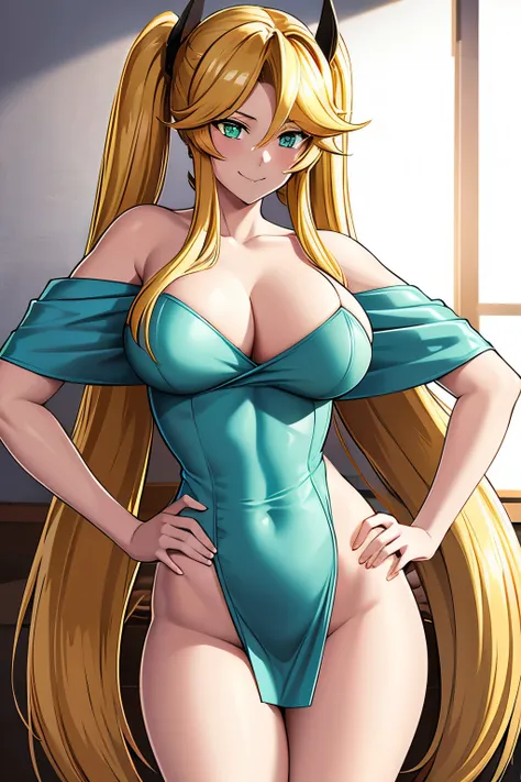 ,,hornet II, hornet(azurlane), one woman, beauty, big breasts, large ass, green eyes, makeup, long hair, hair longer than body, fluffy hair, long twin tails, hair longer than body, extremely long hair, blonde hair, busty, adult woman, naked towel, looking ...