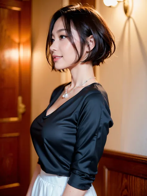 (highest quality, 8k, 32k, masterpiece, Ultra-high resolution:1.2),Beautiful Japanese Women Photos, standard body type、（D cup breasts:1.4), Very short bob hair,Upper Body,Face Focus,（black formal blouse：1.4）、（Black ruffled blouse:1.6）,（Pearl Necklace:1.4),...