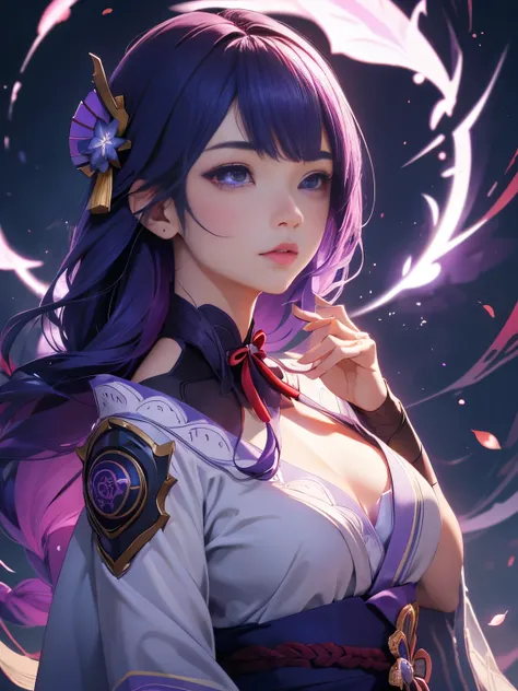 ((whole body:1.4))Japanese Temples, (highest quality，Realistic,masterpiece:1.2，8k wallpaper:1.2)，((Pale skin))，One girl，Solo Female，((Genshin Impact_Impact，General Raiden))，Lightning particles，Purple Lightning，Light background，Cherry tree，Purple Theme，Deli...