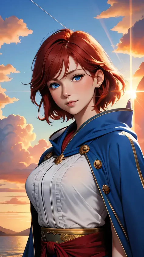 Best quality, 30 year old woman, short red hair, blue eyes, slight smile, upper body, fancy blue mage robes, intricate details,  fluffy clouds, sunrise, god rays,