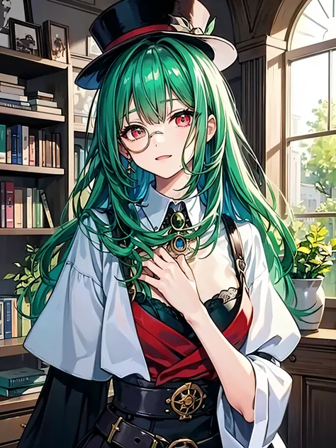 (((highest quality、8kimage quality、Highly detailed face、High resolution illustrations、perfect anatomy、ideal ratio body proportions)))、((Illustration of a girl alone、crossdressing、upper body))、(((beautiful girl)))、(Emerald green hair、messy hair、sidelocks、Re...