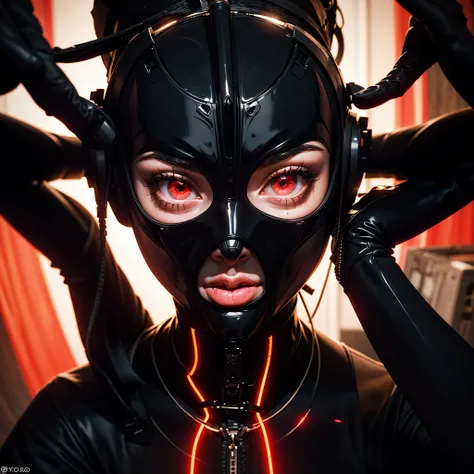 a very beautiful and very thin girl, wears black underwear with tights and latex face mask. Dark room with only red neon lighting. Viele Details, extremely realistic. good quality, 8k