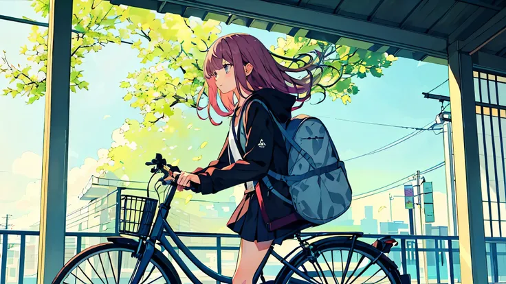 morning,A woman on her way to school by bicycle,,In front of the station,Japanese anime,pastel colour
