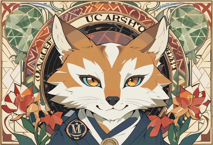 highres, top quality, best quality, paid reward available, High-quality illustrations by Alfons Mucha, unparalleled masterpiece, perfect artwork, absurdres, logo mark, stamp, Geometric pattern, vector-art, masterpiece(kemono, furry anthro)flower,