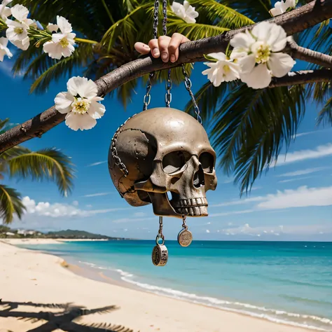 surfboard hanging with a chain upwards, sprinkled with flowers, background view of the beach, next to it is a pair of skulls with one mace hammer in the sand