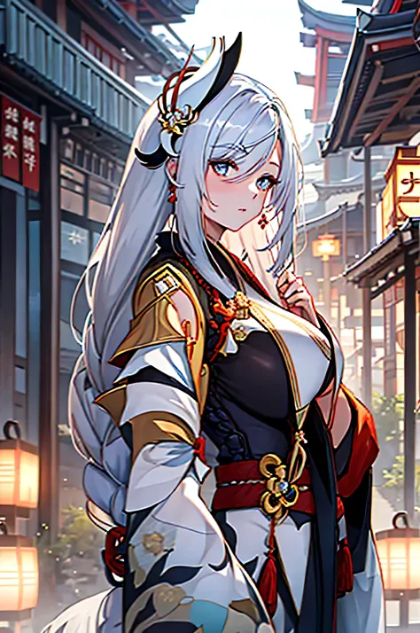 white hair , long hair , single long braid , dense hair , huge breast , kimono , white kimono ,shenhe_(genshin_impact)