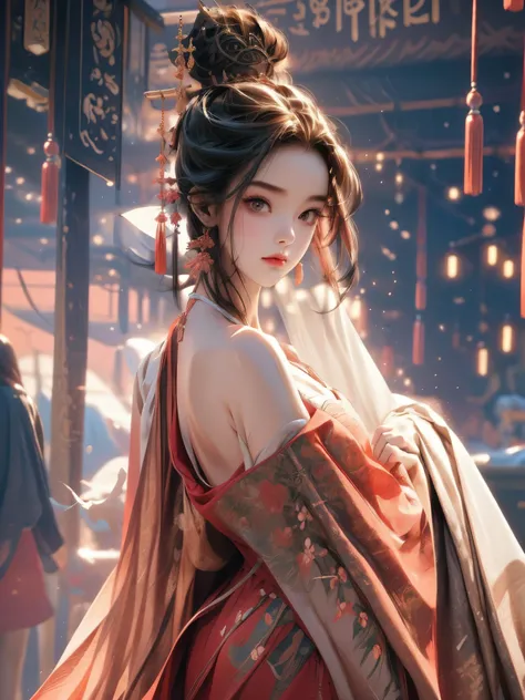 Gentle and lovely Chinese beauty, Exquisite and sexy clavicle, Charming goose egg face, Double eyelids, Bright peach blossom eyes, Pink lips, Small upturned nose, Bare shoulders, Plump buttocks, Beautiful long legs, focused face, Close-up of face, Ultra HD...