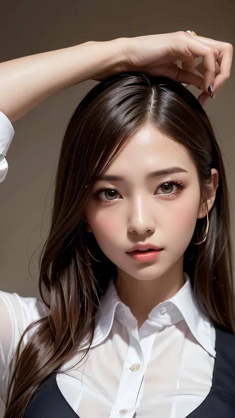 (highest quality,4K,masterpiece:1.2),Beautiful woman,1 girl,sexy:1.1,Dark yellow hair:1.1,Female ,Soaked uniform,Highly detailed face,Detailed lips,Beautiful Eyes,double eyelid,Miniskirt White Stockings,stand up,(head shot:1.5)