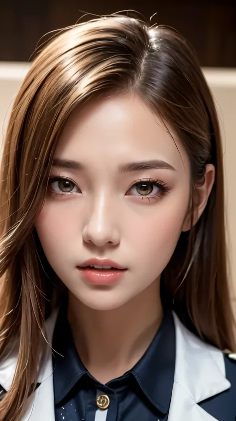 (highest quality,4K,masterpiece:1.2),Beautiful woman,1 girl,sexy:1.1,Dark yellow hair:1.1,Female ,Soaked uniform,Highly detailed face,Detailed lips,Beautiful Eyes,double eyelid,Miniskirt White Stockings,stand up,(head shot:1.5)