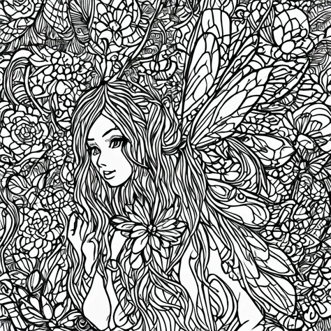 a black and white drawing of a fairy sitting on a flower, beautiful adult fairy, space flower fairy, beautiful adult fairy queen...