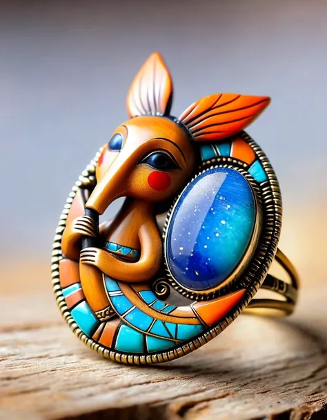 kokopelli, the rain god playing the flute, holds an oval double opal stone in a minimalist ring design，indian elements，the match...