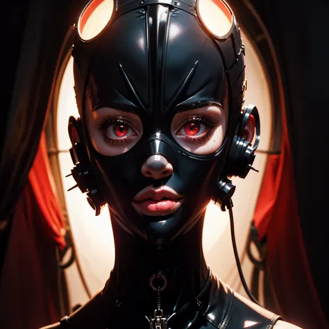 a very beautiful and very thin girl, wears black underwear with tights and latex face mask. dark room with only red neon lightin...