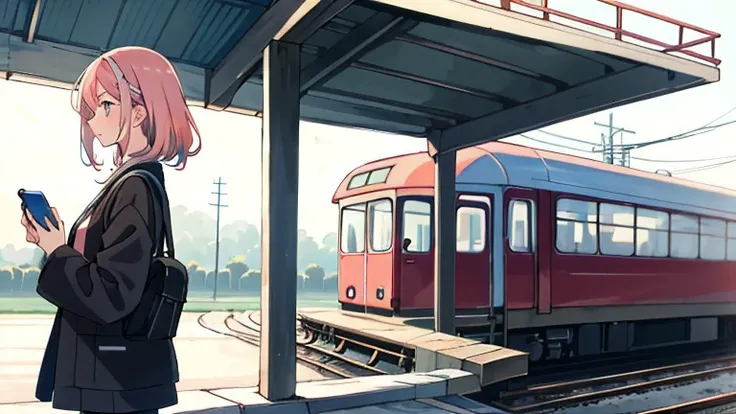 morning,Station platform,woman,Pink Hair,,Looking at smartphone,In front of the station,Japanese anime,pastel colour,