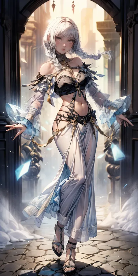 1girl full body standing, nice ass, short bob hair cut with 2 longs braids, white silver colored hair, yellow pinched eyes, perfect lighting, muscular body, thights, mature woman, mummy, bellybutton, abs, navel, looks at the viewer (masterpiece, hi quality...