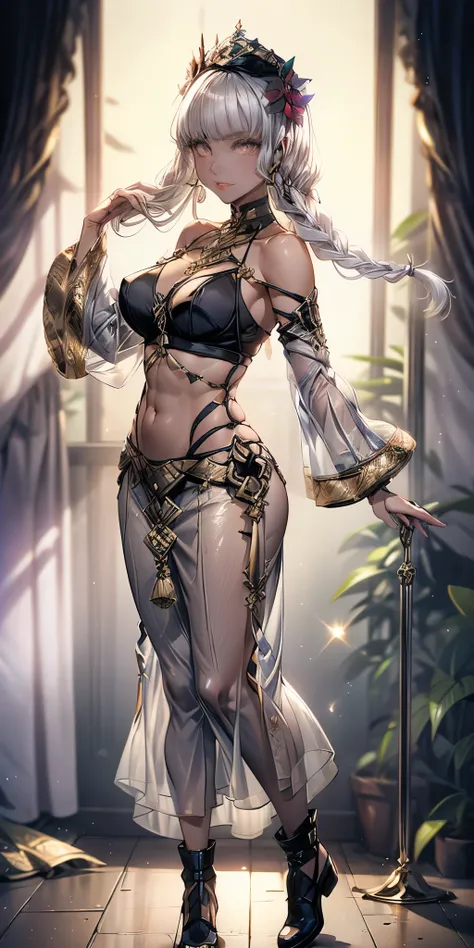 1girl full body standing, nice ass, short bob hair cut with 2 longs braids, white silver colored hair, yellow pinched eyes, perfect lighting, muscular body, thights, mature woman, mummy, bellybutton, abs, navel, looks at the viewer (masterpiece, hi quality...