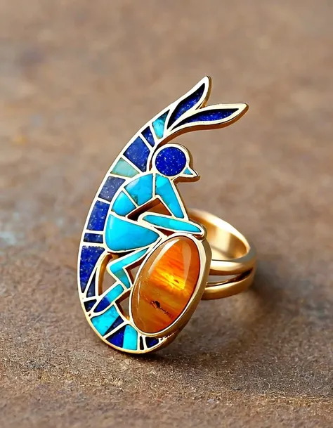 a minimalist ring design of kokopelli, the rain god playing the flute, holding an oval double opal stone，indian elements，geometr...