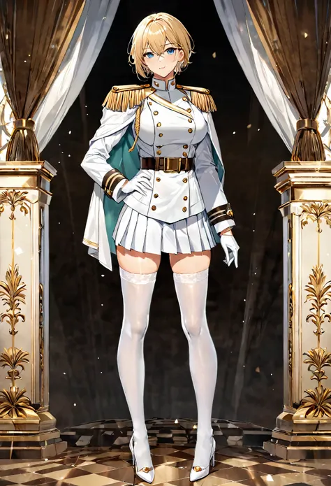 masterpiece, best quality, full body, a adult very handsome tomboy with blonde very manly and very boyish short hair with hair between eyes and tomboy hair and very manly and boyish face and aqua detailed eyes and (large breasts:1.5) wearing (white militar...