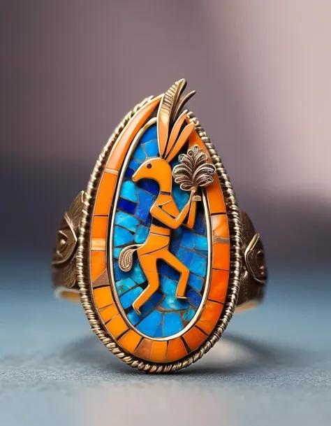 a minimalist ring design of kokopelli, the rain god playing the flute, holding an oval double opal stone，indian elements，geometr...