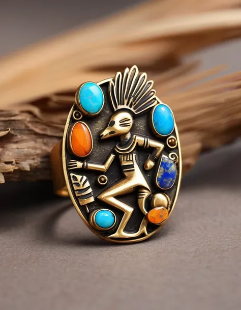 in style of aztec empire period , roboto character，a minimalist ring design of kokopelli, the rain god playing the flute, holdin...