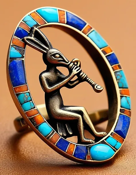 in style of Aztec Empire period ,，A minimalist ring design of Kokopelli, the rain god playing the flute, holding an oval double opal stone，Indian elements，geometry，The matching stones are small amounts of lapis lazuli and turquoise，Coffee color，Orange，Clam...