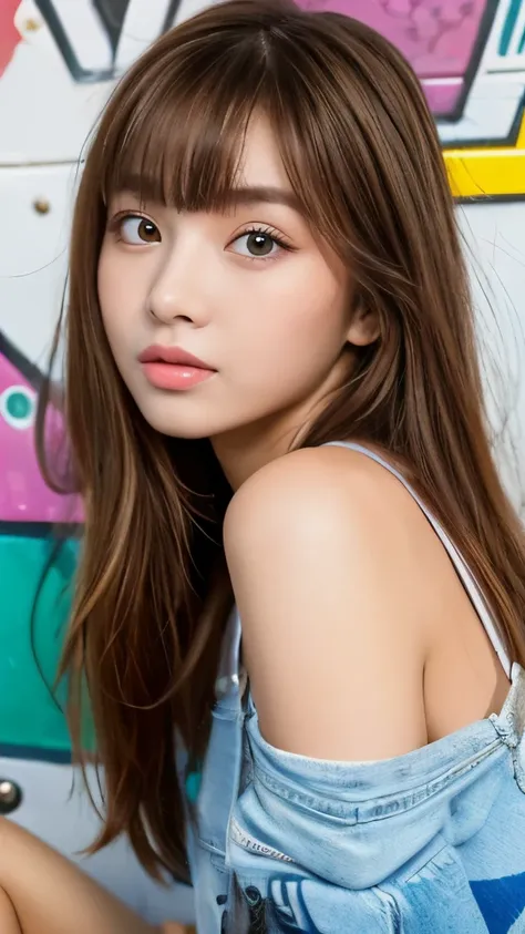 Best quality, 8k,  ,Masterpiece :1.3)), facing viewer,((full body1.2)) ,pretty woman, wide shot ,1girl, , selfie   , ,  Graffiti Wall, brown hair  , bangs,ultra-detailed face, highly detailed lips, detailed eyes, double eyelid