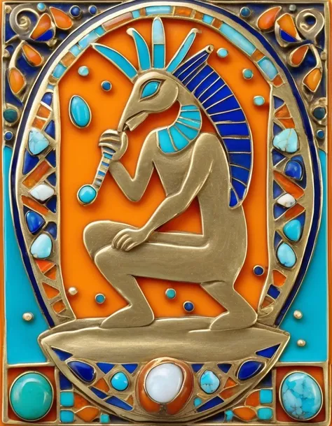 in style of Aztec Empire period ,A minimalist ring design of Kokopelli, the rain god playing the flute, holding an oval double opal stone，Indian elements，geometry，The matching stones are small amounts of lapis lazuli and turquoise，Orange，Clams，feather，gem，...