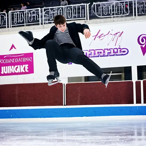 20 year old man performing jump on a figure skating ice rink