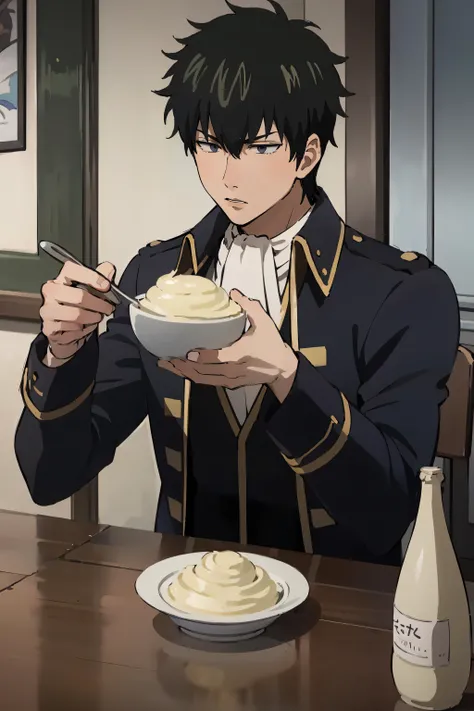 anime man in uniform eating a bowl of food at a table