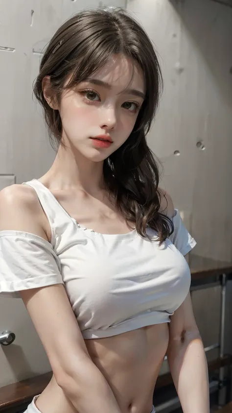 highest quality, Full body portrait, Delicate face, 18-year-old girl, Slim figure, Small breasts, White Crop Top T-Shirt,Gymnasium scene, Hall々Stand with,(head shot:1.5)