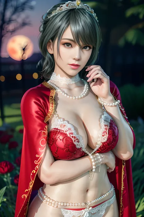 1 girl,lean over WINK,(Wearing Wedding Dress:1.2) ,(Wearing Jewel:1.2) ,( red lace_cloak:1.3),(Fluffs :1.4),(pearl bodychain:1.3),garden,nighttime,moon,( huge breasts ),cleavage,shiny skin,lip gloss,tattoos, masterpiece, best quality, realistic ,Surrealism...