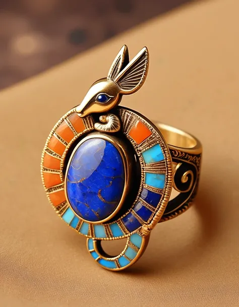 in style of Ming Dynasty period ，Cloisonne Art，Kokopelli playing the flute holds an oval double brown and blue-orange opal stone minimalist abstract ring design，Indian elements，The matching stones are small amounts of lapis lazuli and turquoise，，Clams，feat...