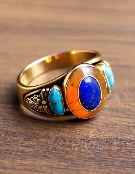 in style of ming dynasty period ，tathagata buddha，an oval double brown and blue-orange opal minimalist ring design，indian elemen...