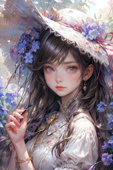 masterpiece:1.2,highest quality, 16k, ultra-realistic:1.37, beautiful detailed, cute girl, standing stylish sun shade formal hat with ribbon and vibrant colors irises ornaments, through bangs, long eyelash, sparkling eyes, shining lips, gently smile, beaut...