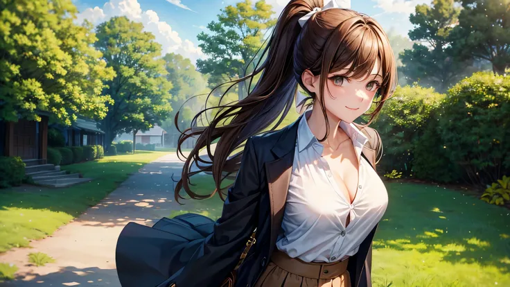 1girl, full body, solo, summer, village, trees, sun, clouds, ((brown hair)), ponytail, large breasts, ((black blazer)), button down shirt, ((white shirt)), ((short sleeved shirt)), ((unbuttoned shirt)), unbuttoning buttons, cleavage 1:3, brown eyes, skirt,...