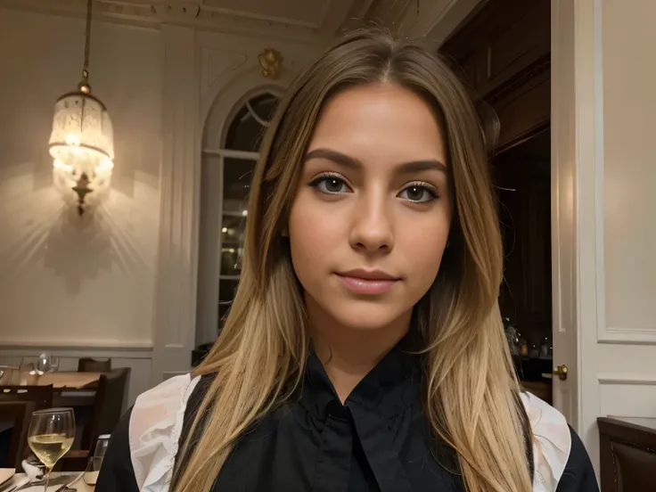 realistic front view picture of a beautiful Instagram influencer, langes blondes Haar, beautiful brown eyes, European, perfekte Figur, very pretty, realistic in germany restaurant, revealing realistic outfit, realistische Hautstruktur, realistische Fotogra...