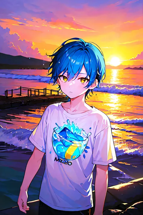 [(SUNSET SEA BACKGROUND:1.5),::5], ((((masterpiece)))), high quality, very_high_resolution, large_filesize, full color, ((younger boy)), 13 old year, short deepblue hair, vivid color, ((yellow eye)), civilian clothes white, animestyle, (NeonSoda Splash eff...