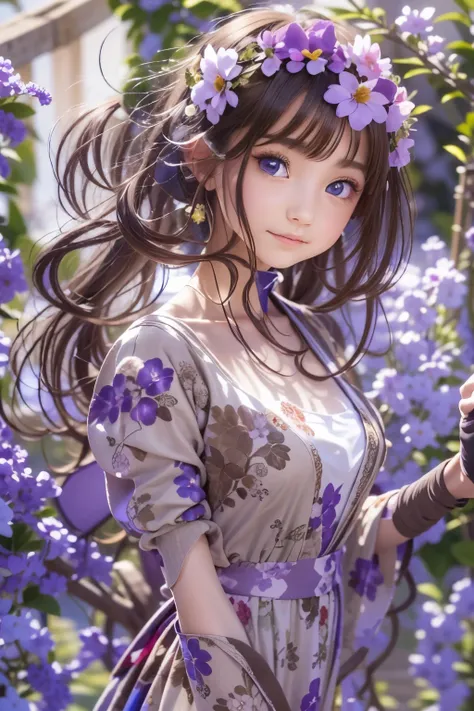 detailed face, cute face,brown eye, masterpiece, highest quality, Super detailed, figure, 1 girl,alone, image body, flower, looking at the viewer, purple eyes, eyes like jewels, very fine eyes, highly detailed face, star (null), purple energy,  handrail