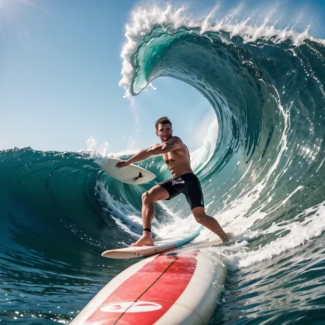 selfie of a man on a surfboard, have perfect face. wearing short pants only without shirt, he is surving the big wave with a surfboard. 
close range shot the man, object in the middle of the shot. big waves and shark background view