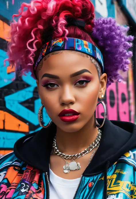 (best quality,4k,8k,highres,masterpiece:1.2),ultra-detailed,(realistic,photorealistic,photo-realistic:1.37),hip hop fashion,portrait,colorful,retro,vibrant colors,pixelated style,detailed facial features,expressive eyes and lips,urban background,stylish cl...