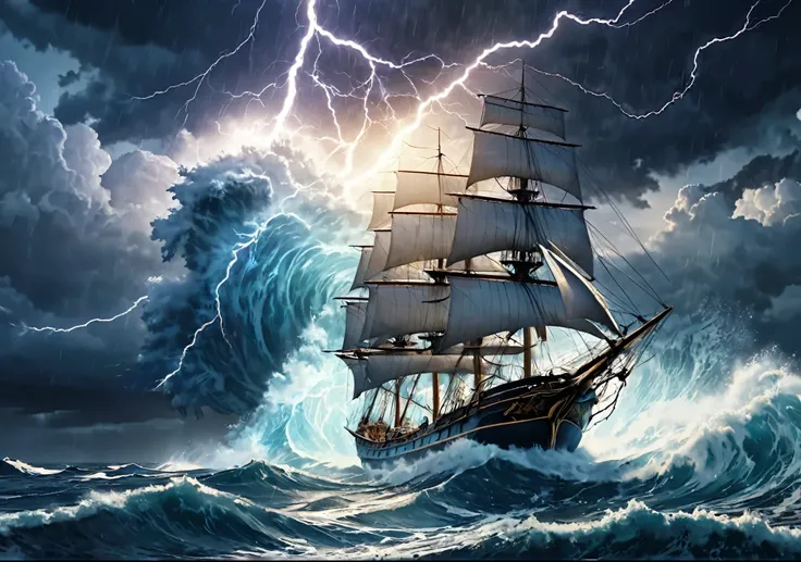 Crystal Cloud, Lightning strikes、A sailing ship being tossed about by big waves, Atmospheric perspective, 8k, Super Detail, Accurate, highest quality, lightning、Sharp images、High color reproducibility、Attention to detail、live-action、Alluring、