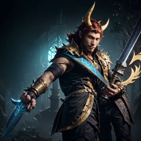 a man with a horned head and a horned face holding a sword, mobile legends character, splash art, style of league of legends, iconic character splash art, wukong, style league of legends, official splash art, nasus, inspired by Huang Shen, from league of l...