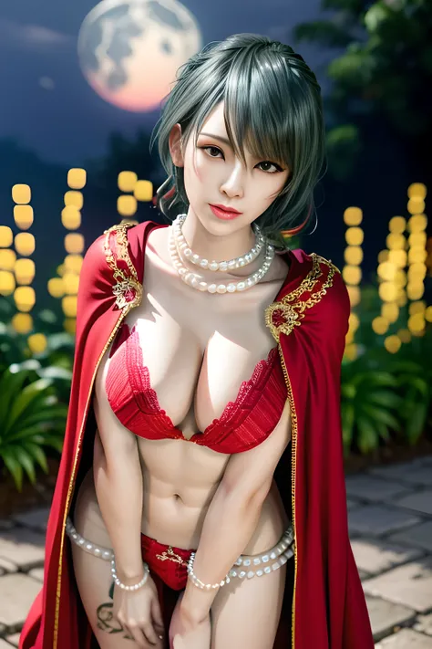 1 girl,lean over WINK,(Wearing Wedding Dress:1.2) ,(Wearing Jewel:1.2) ,( red lace_cloak:1.3),(Fluffs :1.4),(pearl bodychain:1.3),garden,nighttime,moon,( huge breasts ),cleavage,shiny skin,lip gloss,tattoos, masterpiece, best quality, realistic ,Surrealism...